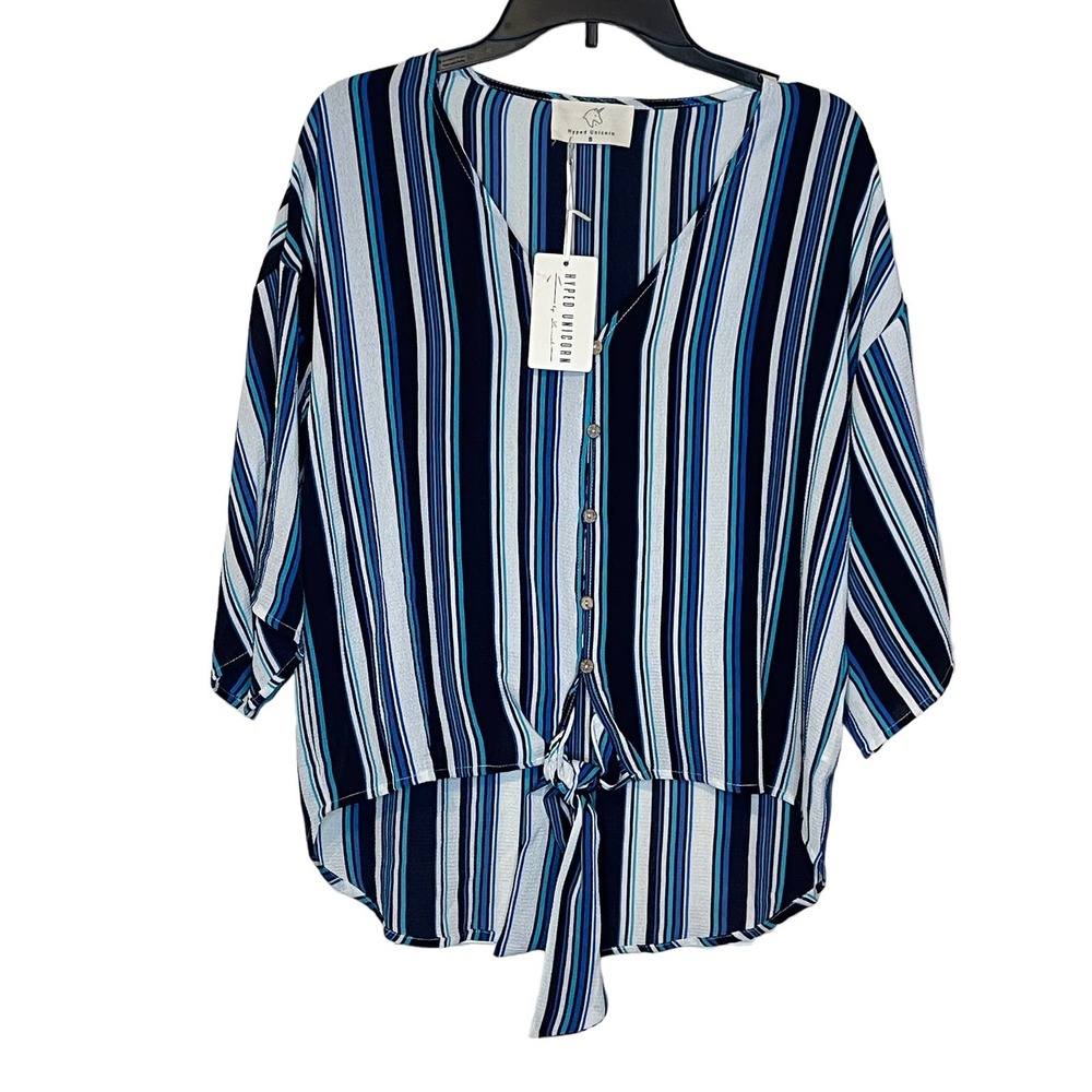 Hyped Unicorn Women Stripe Tie Front V-Neck Top Hi-Lo Dolman Sleeve Small‎ NWT